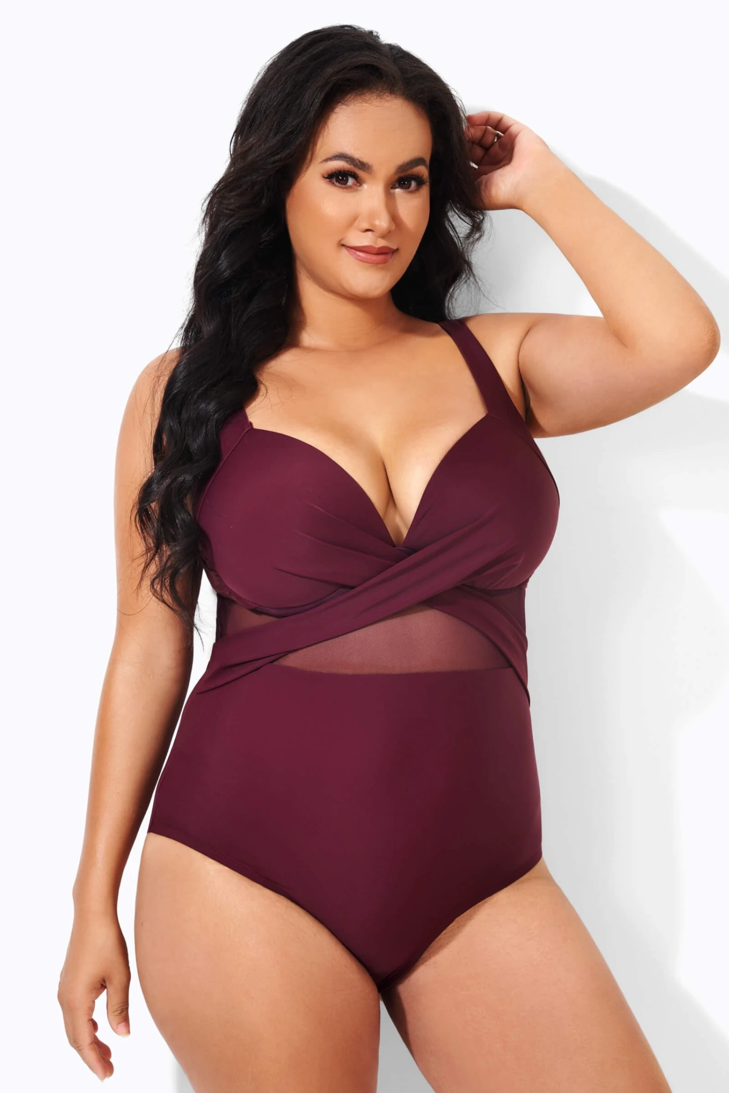 Wine Cut Out Mesh Fashion One Piece Swimsuit 1 Wine Cut Out Mesh Fashion One Piece Swimsuit