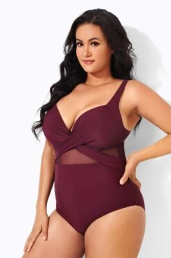 Wine Cut Out Mesh Fashion One Piece Swimsuit 6 Wine Cut Out Mesh Fashion One Piece Swimsuit -Bikini By Muse b deop006007 2