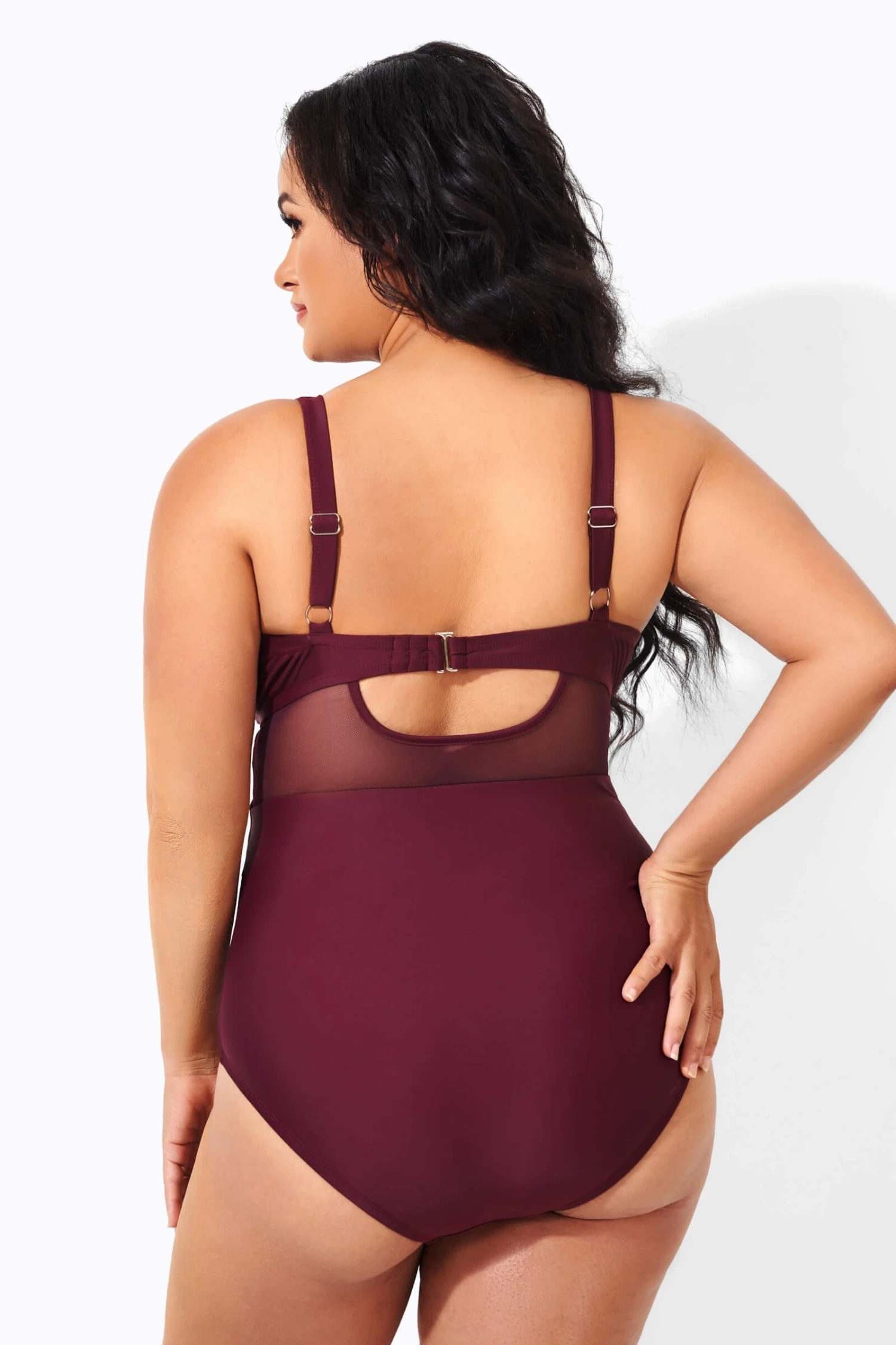 Wine Cut Out Mesh Fashion One Piece Swimsuit 2 Wine Cut Out Mesh Fashion One Piece Swimsuit - Image 2