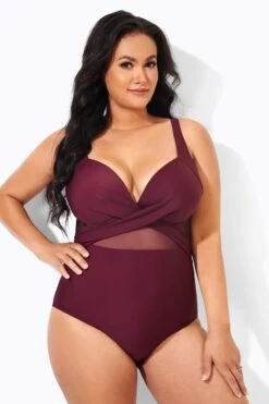 Wine Cut Out Mesh Fashion One Piece Swimsuit 7 Wine Cut Out Mesh Fashion One Piece Swimsuit -Bikini By Muse b deop006007 4