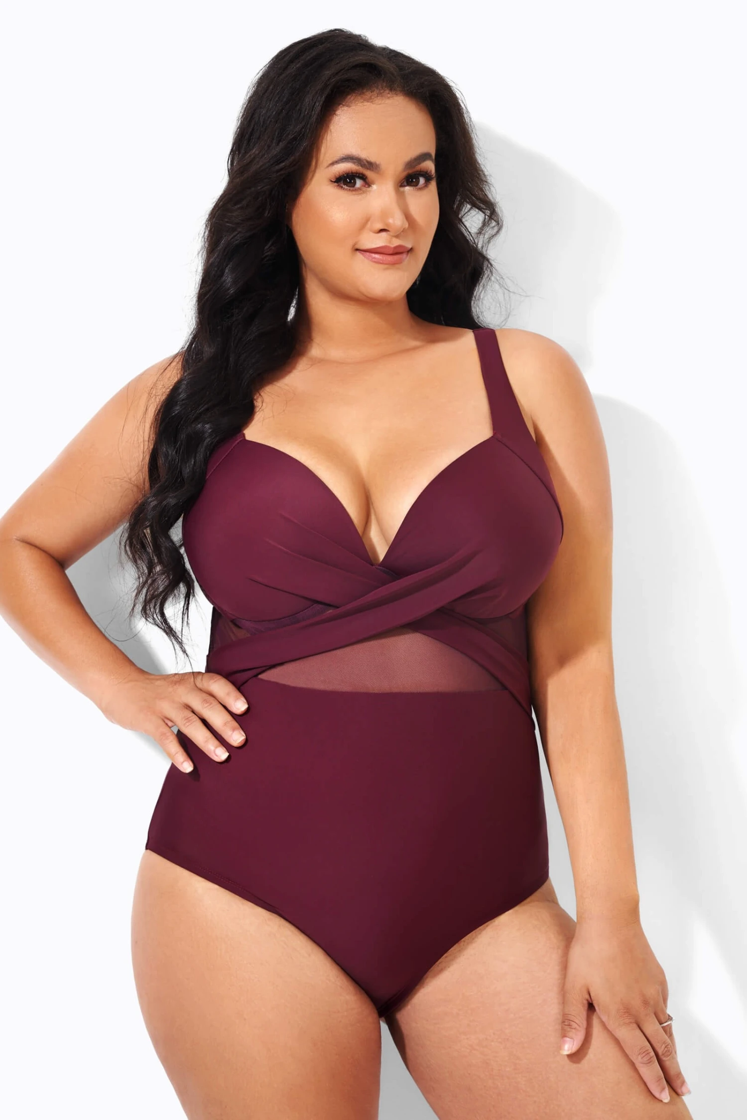 Wine Cut Out Mesh Fashion One Piece Swimsuit 4 Wine Cut Out Mesh Fashion One Piece Swimsuit - Image 4