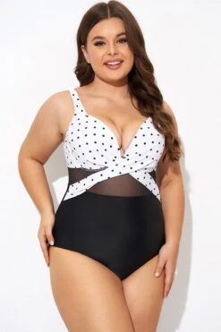 Elegant Dot Colorblock Mesh One Piece Swimsuit -Bikini By Muse b deop006010 1