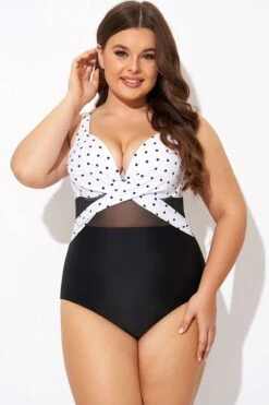Elegant Dot Colorblock Mesh One Piece Swimsuit