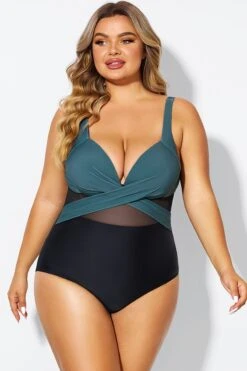 V-Neck Colorblock Tummy Control One Piece Swimsuit -Bikini By Muse b deop006011 1