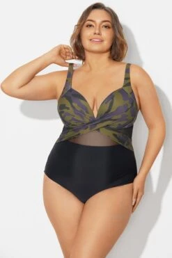 V-Neck Camouflage Print Mesh Underwired One Piece Swimsuit -Bikini By Muse b deop006013 3