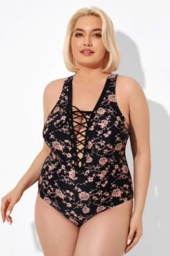 Black Floral Printed Lace Up One Piece Swimsuit -Bikini By Muse b deop008004 4