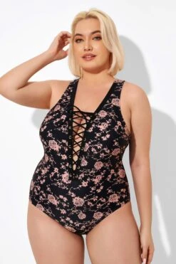 Black Floral Printed Lace Up One Piece Swimsuit -Bikini By Muse b deop008004 5