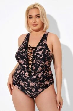 Black Floral Printed Lace Up One Piece Swimsuit -Bikini By Muse b deop008004 6