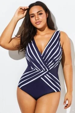 Blue And White Stripe Mesh One Piece Swimsuit -Bikini By Muse b deop034004 66