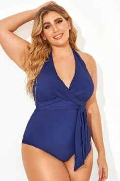 Blue Faux V-neck Women One Piece Swimsuit 7 Blue Faux V-neck Women One Piece Swimsuit -Bikini By Muse b deop035003 2