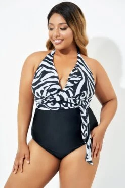 Black & White Faux Wrap Halter One Piece Swimsuit -Bikini By Muse b deop035006 4