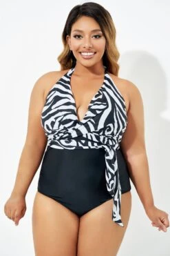 Black & White Faux Wrap Halter One Piece Swimsuit -Bikini By Muse b deop035006 6