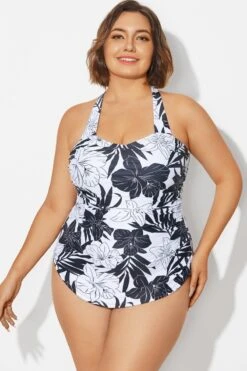 Blackļ¼White Floral Sarong One Piece Swimsuit