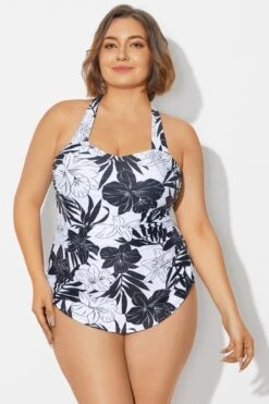 Black＆White Floral Sarong One Piece Swimsuit -Bikini By Muse b deop065018 3