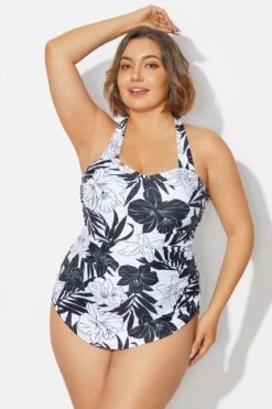 Black＆White Floral Sarong One Piece Swimsuit -Bikini By Muse b deop065018 4