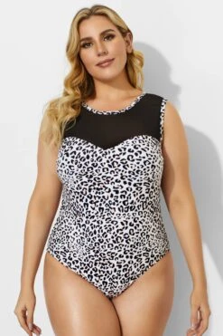 Leopard Printed Circle-Collar Mesh One Piece Swimsuit -Bikini By Muse b deop089001 3