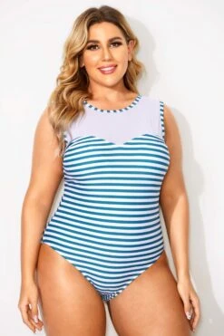 Blue & White Stripes Mesh One Piece Swimsuit -Bikini By Muse b deop089004 4