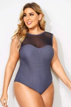 Black Mesh Sweetheart Neckline One Piece Swimsuit