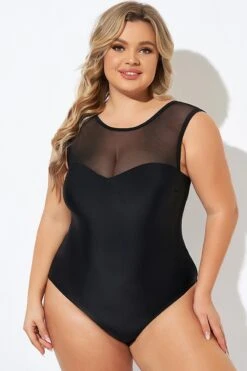 Black Mesh Wide Shoulder One Piece Swimsuit -Bikini By Muse b deop089008 3