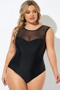 Black Mesh Wide Shoulder One Piece Swimsuit -Bikini By Muse b deop089008 4