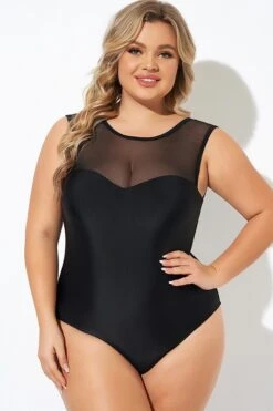 Black Mesh Wide Shoulder One Piece Swimsuit -Bikini By Muse b deop089008 5