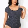 Stripes Round Neck Women One Piece Swimsuit