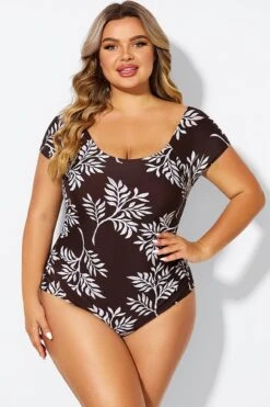 V-Neck Leaf Print Ruffles Sleeves One Piece Swimsuit -Bikini By Muse b deop090011 3