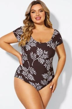 V-Neck Leaf Print Ruffles Sleeves One Piece Swimsuit -Bikini By Muse b deop090011 4