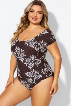 V-Neck Leaf Print Ruffles Sleeves One Piece Swimsuit -Bikini By Muse b deop090011 5