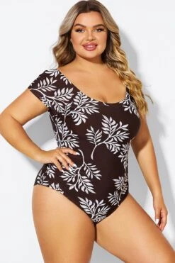 V-Neck Leaf Print Ruffles Sleeves One Piece Swimsuit -Bikini By Muse b deop090011 6