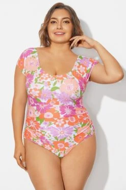 Floral Print Short Sleeve Elastic One Piece Swimsuit -Bikini By Muse b deop090012 3