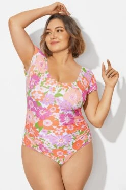 Floral Print Short Sleeve Elastic One Piece Swimsuit -Bikini By Muse b deop090012 4