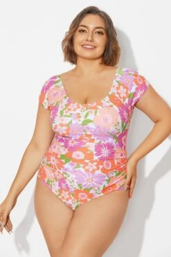Floral Print Short Sleeve Elastic One Piece Swimsuit -Bikini By Muse b deop090012 5