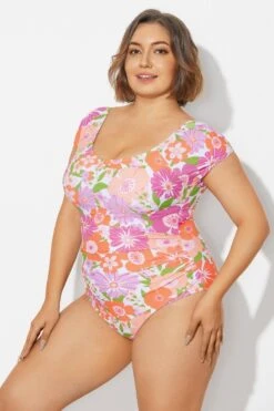 Floral Print Short Sleeve Elastic One Piece Swimsuit -Bikini By Muse b deop090012 6