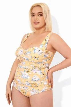 Yellow Floral Printed Retro One Piece Swimsuits 9 Yellow Floral Printed Retro One Piece Swimsuits -Bikini By Muse b deop097002 3