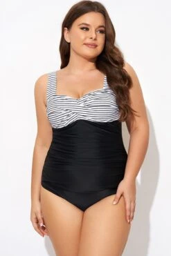 Black Stripe Wide Straps One Piece Swimsuit 9 Black Stripe Wide Straps One Piece Swimsuit -Bikini By Muse b deop097004 4