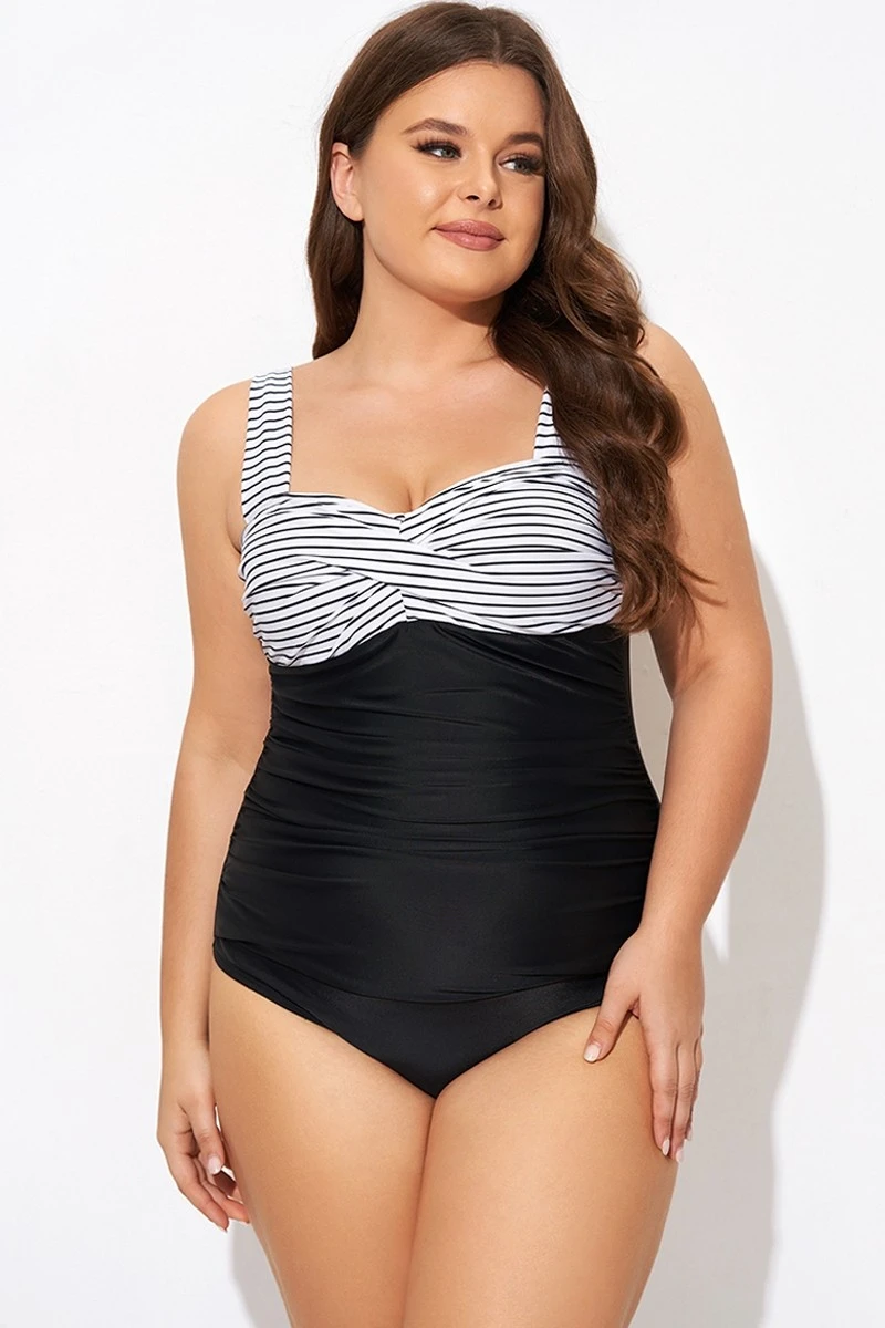 Black Stripe Wide Straps One Piece Swimsuit 4 Black Stripe Wide Straps One Piece Swimsuit - Image 4
