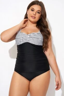 Black Stripe Wide Straps One Piece Swimsuit 10 Black Stripe Wide Straps One Piece Swimsuit -Bikini By Muse b deop097004 5