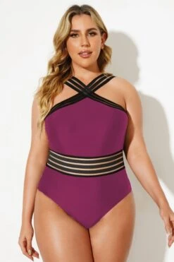 Red Criss-cross Straps Full Lining One Piece Swimsuit -Bikini By Muse b deop115003 44