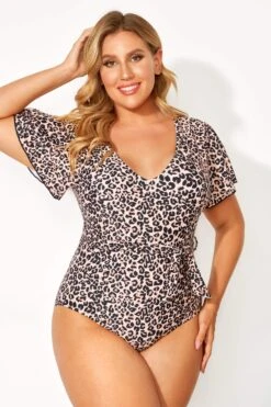 Leopard Printed One Piece Swimsuit With Sleeves -Bikini By Muse b deop124001 3