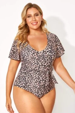 Leopard Printed One Piece Swimsuit With Sleeves -Bikini By Muse b deop124001 5