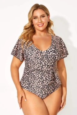 Leopard Printed One Piece Swimsuit With Sleeves -Bikini By Muse b deop124001 6