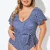 Blue And White Stripe Women One Piece Swimsuit