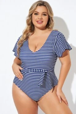 Blue And White Stripe Women One Piece Swimsuit