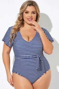 Blue And White Stripe Women One Piece Swimsuit 9 Blue And White Stripe Women One Piece Swimsuit -Bikini By Muse b deop124005 4