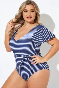 Blue And White Stripe Women One Piece Swimsuit 11 Blue And White Stripe Women One Piece Swimsuit -Bikini By Muse b deop124005 5