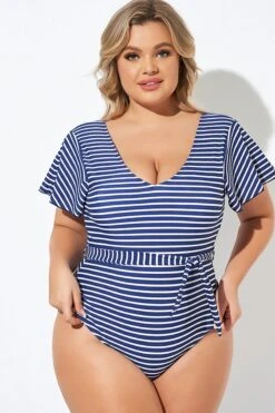 Blue And White Stripe Women One Piece Swimsuit 10 Blue And White Stripe Women One Piece Swimsuit -Bikini By Muse b deop124005 6