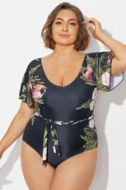 Floral Print Ruffle Sleeves One Piece Swimsuit -Bikini By Muse b deop124007 3