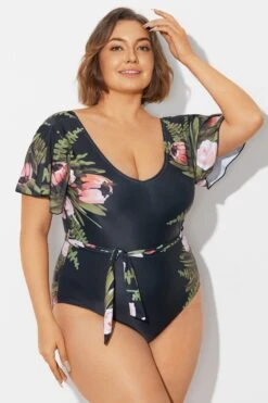 Floral Print Ruffle Sleeves One Piece Swimsuit -Bikini By Muse b deop124007 6