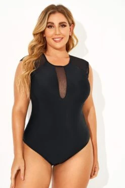 Black Sexy Mesh Shoulder One Piece Swimsuit -Bikini By Muse b deop143001 1